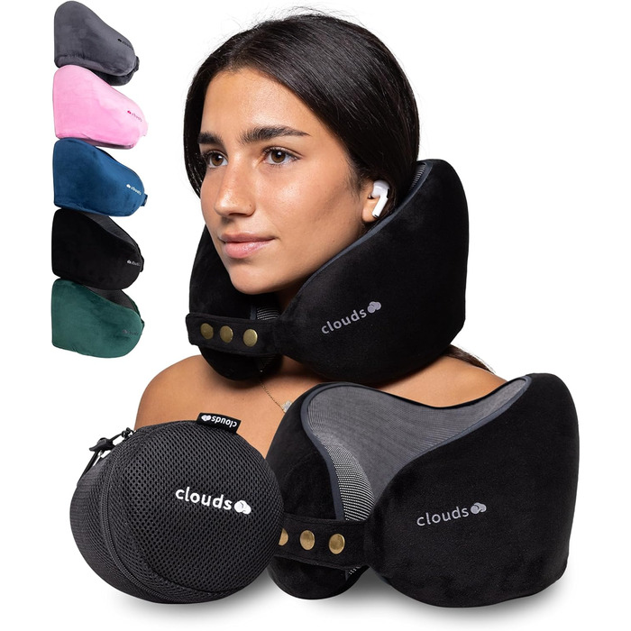 Подушка для шиї CLOUDS для подорожей – Memory Foam, 2 розміри, для дорослих, дихаючий чохол, 5 кольорів (Чорний, S/M)