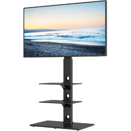 BONTEC TV Stand for 30-70 inch LED OLED LCD Plasma TVs - Adjustable Height, 3-Tier Tempered Glass Shelves, VESA 600x400, 40kg Capacity, Black