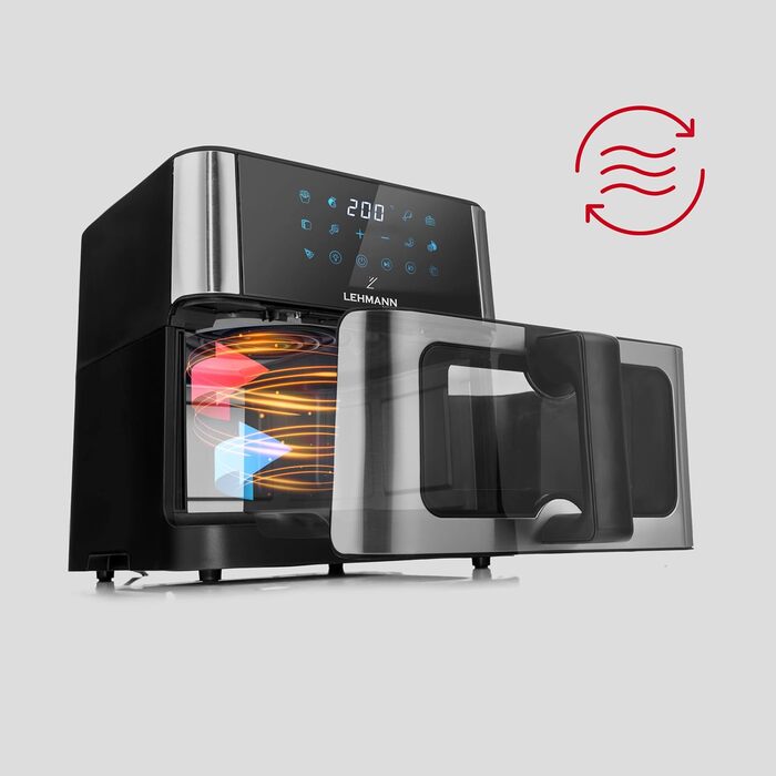 Фритюрниця повітряна LEHMANN з 2 камерами, 2400 Вт, AirFryer XXL з 12 програмами, до 200°C, WiFi, 10л, з вікном, для смаження, випікання, сушіння, грилю