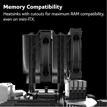 Akasa SOHO H4 Plus: Охолоджувач CPU з RGB підсвічуванням, 120мм вентилятор, мідні теплові трубки, 185W TDP, термопаста, чорний колір, підтримка Intel LGA 1851/20XX/1700/1200/115X та AMD AM4/AM5 Ryzen