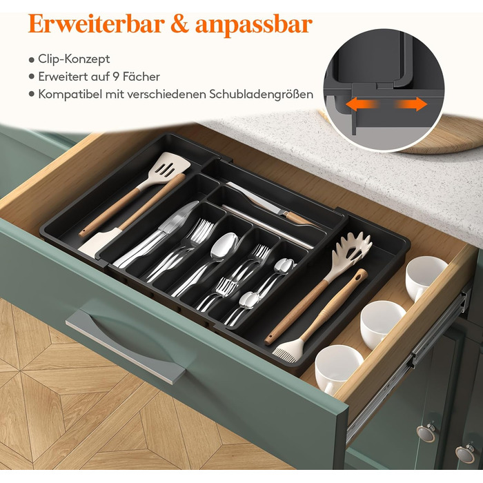 Lifewit Small Cutlery Organizers for Drawers, Expandable Cutlery Insert for Kitchen Drawers, Adjustable Cutlery Box Plastic Cutlery Spoon Fork Knife Holder, 2-Pack, Black