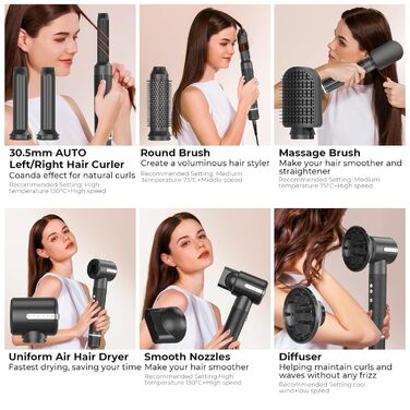 UKLISS Air Styler 7 в 1: Фен-щітка з 7 насадками для сушіння, локонів та об'єму. Іонізація, чорний