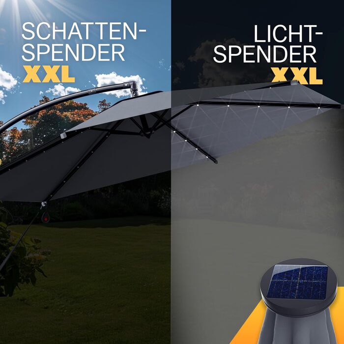 Kingsleeve® Canopy Umbrella LED Lighting UV Protection 80+ Solar Stand Protective Cover 300cm Large Crank Balcony Terrace Garden Umbrella Parasol Anthracite