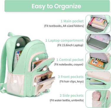 Шкільний рюкзак Tanou для дівчаток, підлітків, 3-7 клас, велика місткість, легкий нейлон, стильний, зелений
