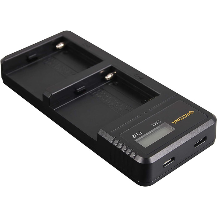 Зарядний пристрій Patona Dual LCD для акумуляторів Sony NP-F970/F750/F550/FM500H/FM50/QM71/91 – одночасний заряд 2-х акумуляторів через USB для відеокамер, світла та моніторів NP-F