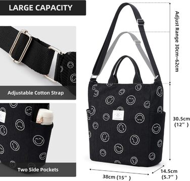 Сумка KALIDI Cord Shopper жіноча повсякденна для школи, роботи, покупок (Blacksmile)