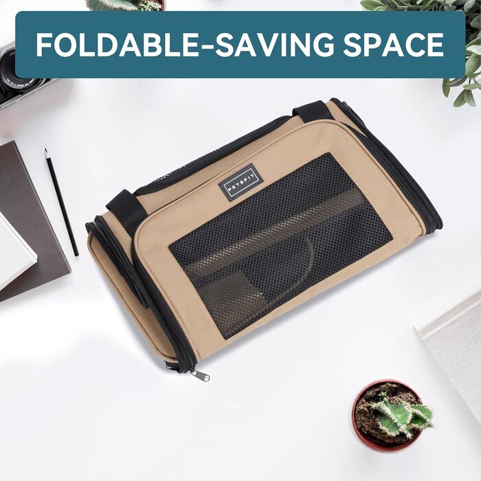 Транспортна переноска для котів та маленьких собак Petfit - легка переноска для подорожей літаком, з ременем безпеки та розкладною підстилкою, колір хакі (L)