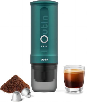 Outin Nano Portable Electric Espresso Machine, Camping Coffee Maker, Self-Heating with USB-C, Compatible with Ground Coffee & Nespresso Capsules Blue-Green