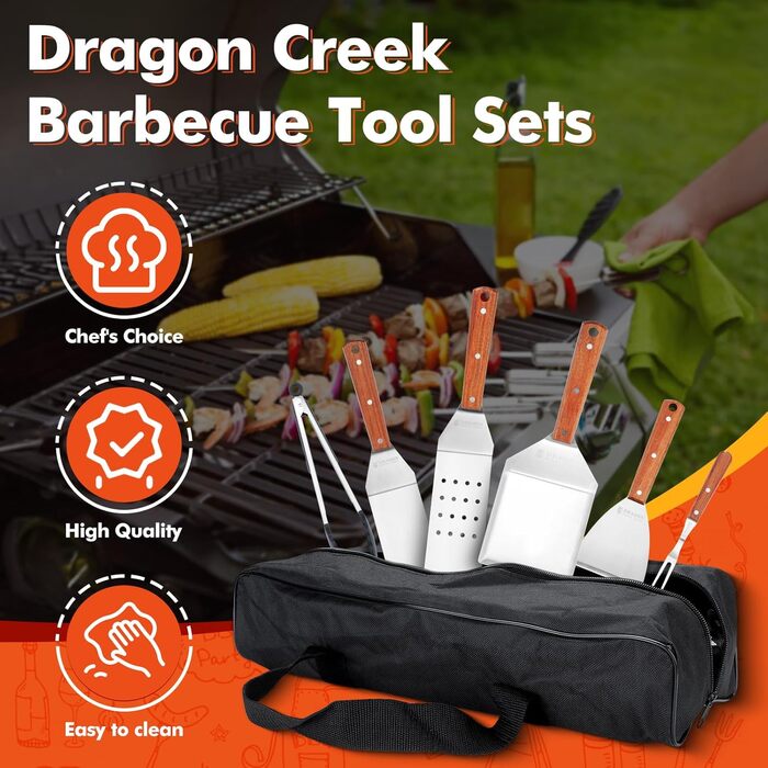 Набір гриль-інструментів Dragon Creek: 6 штук, нержавіюча сталь, аксесуари для гриля, професійний набір для барбекю, лопатка для гриля, з сумкою, ідеально для гриля, тепаньякі, подарунок для чоловіків