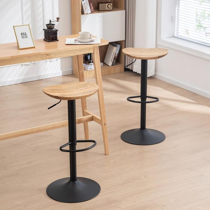Kidol Adjustable Height Solid Wood Bar Stool with 360° Swivel - Industrial Modern Design for Kitchen Counter - Black