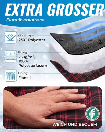 Сплячий мішок KingCamp XXL з бавовни фланелі для дорослих, великого розміру, теплий, зимовий, для кемпінгу, подорожей та активностей на відкритому повітрі, 4-сезонний, 220x100 см, класичний чорний