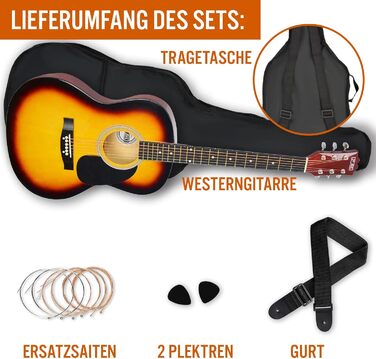3rd Avenue 4/4 Вестерн-гітара: комплект для початківців з чохлом, медиатором та запасними струнами – 6 місяців БЕЗКОШТОВНИХ уроків (Sunburst)