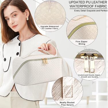 Косметичка для подорожей жіноча з великим відділенням, водонепроникна, з перегородками, органайзер (кремовий персиковий, чорний)