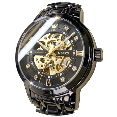 Чоловічий годинник OLEVS Skeleton Automatic — механічний скелетон з автопідзаводом, водонепроникний, сталевий корпус, люмінесцентна підсвітка (Чорний)