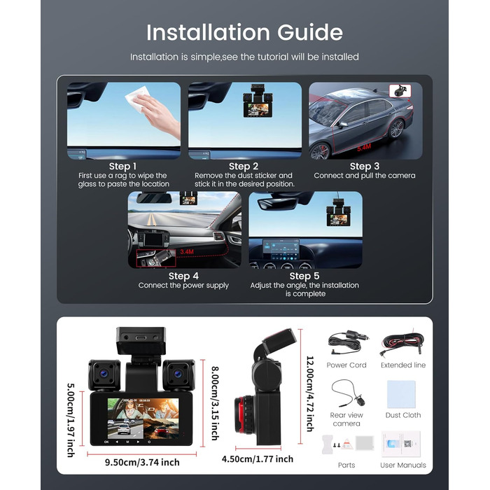 Автомобільний відеореєстратор 360° 4K/FHD 1080P (4 канали: передній, задній, лівий, правий) з ІК-нічним баченням, G-сенсором, моніторингом паркування 24г та карткою пам'яті 64 ГБ, екран 3 дюйми