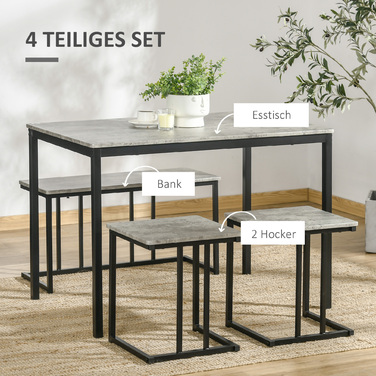 HOMCOM 4-Piece Dining Set, Kitchen Table Set, Dining Table with 3 Benches for 4 People, Dining Room Set, Table Set for Kitchen, Living Room, Grey | Aosom