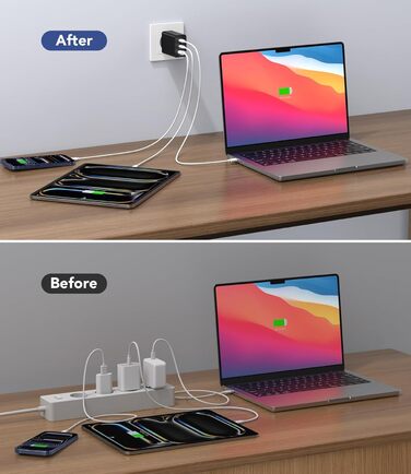 Зарядний пристрій USB C 65W 3-портовий, з кабелем 2м, для MacBook, iPhone, Switch, Galaxy, Tablet, Laptop, чорний