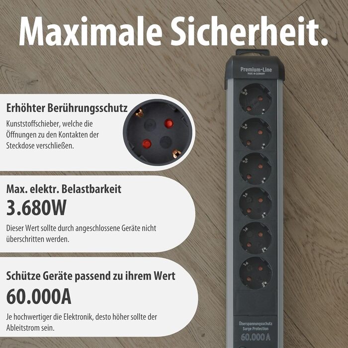 Бренненштуль Premium-Protect-Line Розподільник розеток 6-фазний з захистом від перенапруги 60 000 A (з вимикачем та 3м кабелем, Made in Germany) Срібний/чорний, Нова версія Single