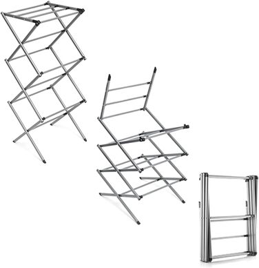 InnovaGoods - Folding and Extendable Metal Clothes Rack, 3 Height Levels, 11 Rods, Waterproof, Lightweight, Tool-Free Assembly, Iron, Silver, Size A