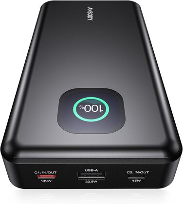 Power Bank 140W, 25000mAh з дисплеєм для ноутбука, MacBook, iPad, iPhone, Switch, Dell XPS (Сірий)