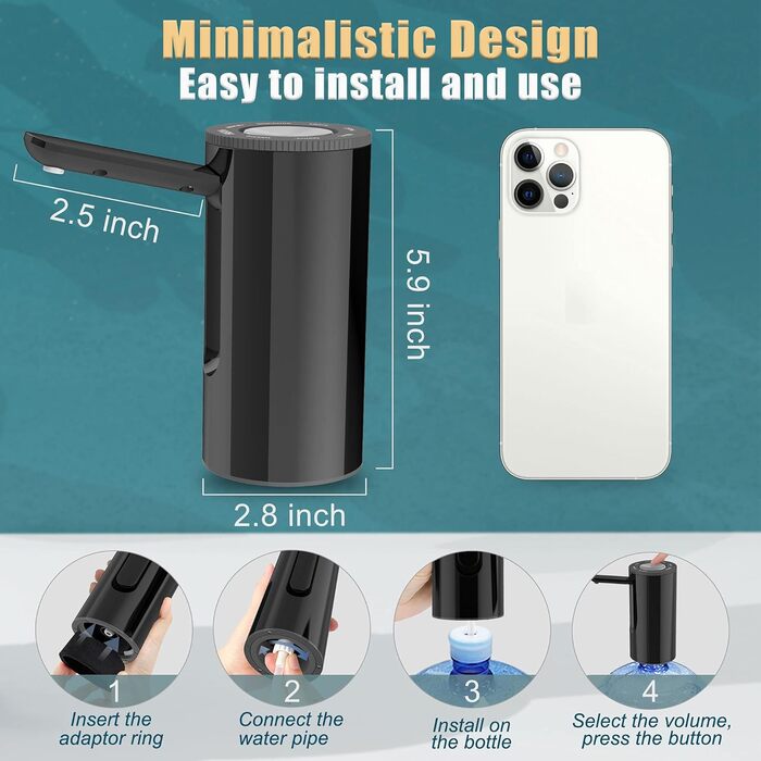 Електрична USB помпа для води YISH, портативна, складна, для бутлів 5 галонів, акумуляторна, для дому, офісу, кухні, кемпінгу