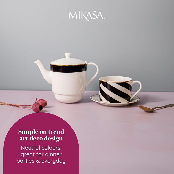 Mikasa Luxe Deco Porcelain Tea Set for One, Tea Set for One Person with Teapot, Cup, and Saucer, Stackable Tea Set, Dishwasher Safe
