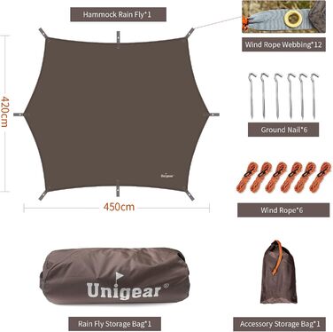 Водонепроникний тент Unigear / 450x420cm шестикутний з люверсами + 6 алюмінієвих кілків + 6 мотузок, покривало для гамака, захист від дощу та сонця для кемпінгу, пікніка, фестивалю (Кофе, 450x420cm)