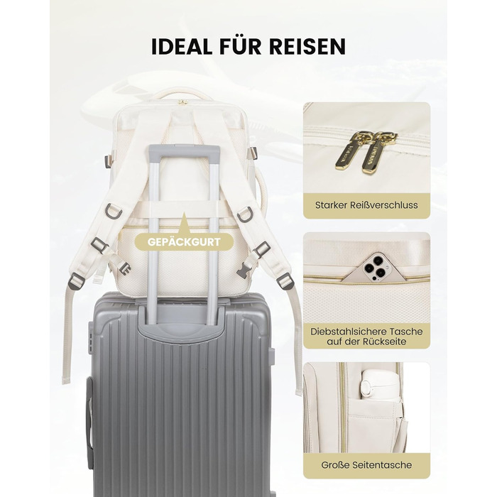 LOVEVOOK Рюкзак ручної поклажі, 40L, для ноутбука 17 дюймів, бежевий, для подорожей