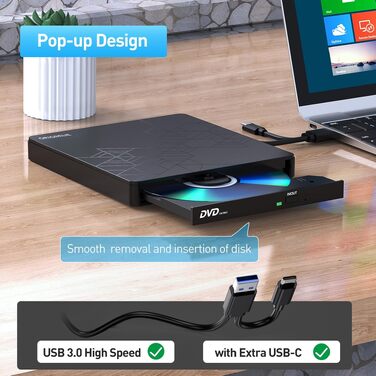 Зовнішній DVD-записувач ORIGBELIE 6 в 1, USB 3.0 CD/DVD ROM +/-RW привід для ноутбука, ПК, Mac OS, Windows 11/10/8/7, Linux