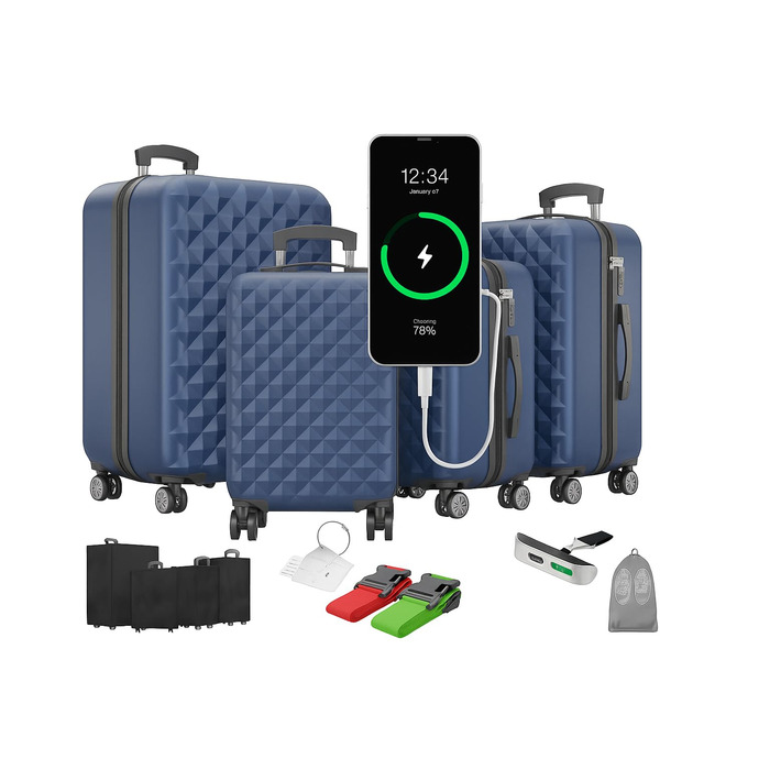 Преміум набір валіз 4-в-1: жорсткий корпус, TSA-Lock, USB-порт, ваги, ремені, адресники, тримач для напоїв, сумочка для взуття, захисні чохли (темно-синій)
