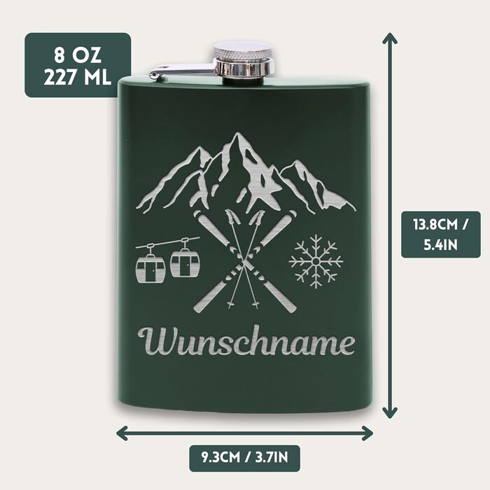 Фляга з нержавіючої сталі з гравіюванням Flanacom, 227мл (8oz), з воронкою. Ідеальний подарунок для гірськолижників та чоловіків. Персоналізована гравіюванням (дизайн 6, зелений).