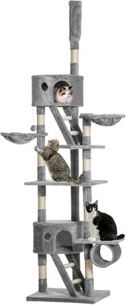 Когтеточка PawHut для котів, 240-260 см, багатоповерхова, з гамаком, платформами, сизальними стовпами та м'якими іграшками (сірий)