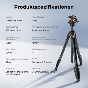 Штатив для камери та смартфона K&F Concept A305A1, 187 см, трипод з регулюванням висоти, алюміній