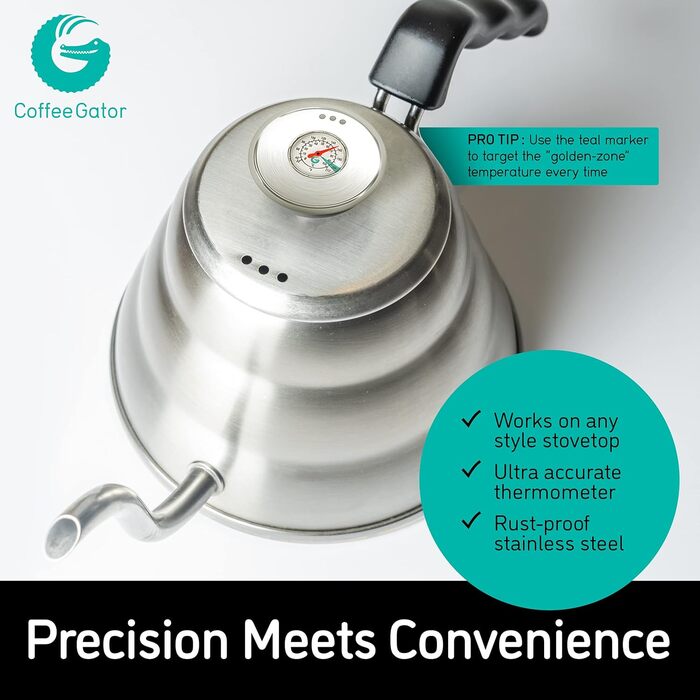 Чайник з гусиною шийкою Coffee Gator, 1200 мл, нержавіюча сталь, з термометром для плити, високоякісний чайник для чаю та кави, прецизійний носик, 5 чашок