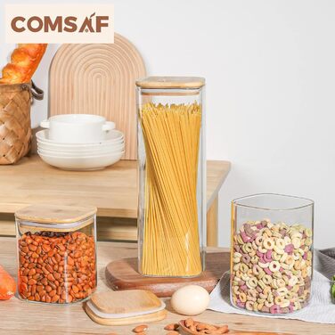 Набір скляних банок ComSaf 800/1100/2100 мл з кришками, 3 шт. Герметичні ємності для зберігання продуктів, макаронів, борошна, цукру, мюслі. Скляні контейнери для кухні, діаметр 10 см, квадратні.