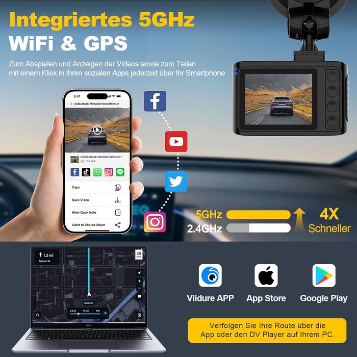 Автомобільний відеореєстратор 4K з GPS та 5GHz WiFi, передня та задня камери, 2.0
