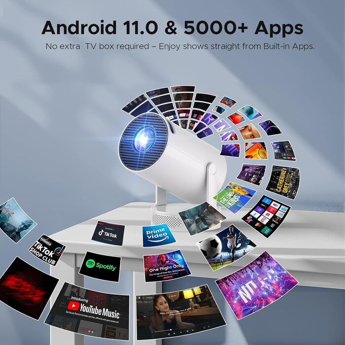 Портативний проєктор Mini Beamer з динаміком: 1080P/4K, WiFi 6, Bluetooth 5.0, автоматичне корегування трапецеїдальних спотворень, 220° обертання, для домашнього кінотеатру та використання на вулиці