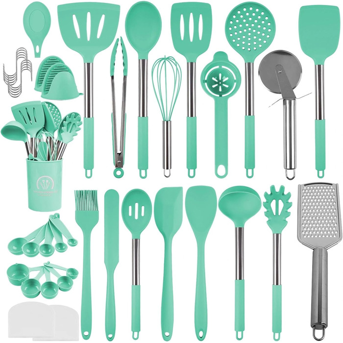 Набір кухонних помічників 45 предметів: силіконове кухонне приладдя, тримач, вінчик з нержавіючої сталі, половник, лопатка, придатне для миття в посудомийній машині, колір блакитний