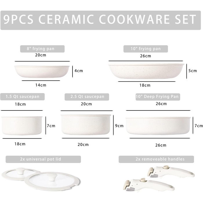 Florosa Ceramic Pots & Pans 5-Piece Set, 20/26cm Non-Toxic Cookware Set, Non-Stick Coated Pan with Lid & Removable Handles, Induction and Oven Safe, PTFE and PFOA Free, Pink