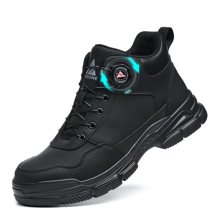Черевики безпеки для чоловіків та жінок. Легкі, водонепроникні робочі черевики з металевим підноском та поворотним закриттям. Розмір 44 EU, чорний колір.
