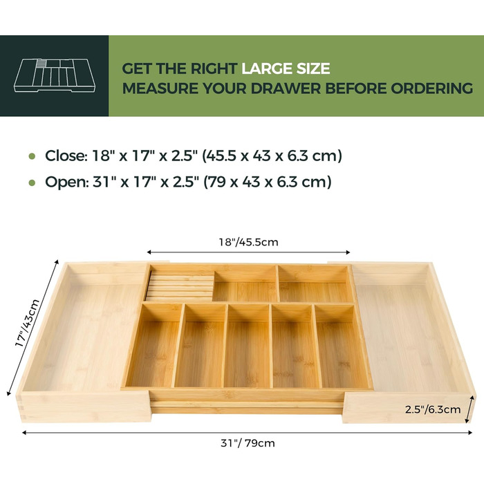 VaeFae Bamboo Cutlery Box, Adjustable Drawer Cutlery Insert, Cutlery Organizer for Kitchen, and Expandable Utensil Holder