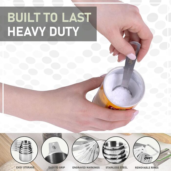 Kaluns Stainless Steel Measuring Cups and Spoons, 16-Piece Measuring Cup and Spoon Set including Leveler and Measuring Card, Durable, Heat and Rust Resistant