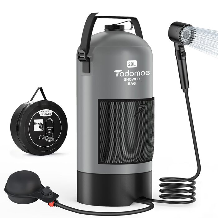 Сонячний душ для кемпінгу на 20 літрів з насосом, сумка та душ для відпочинку, подорожей та туризму (сірий)