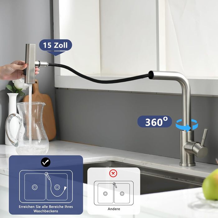 Кухонний змішувач AIMADI висувний з 3-ма режимами, з душовою насадкою, 38 см, однорідний, для холодної та гарячої води, для раковини та кухонного острова, з нержавіючої сталі, водоспад, матовий нікель
