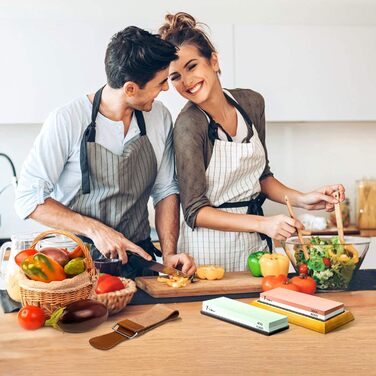 Набір для заточування ножів Schleifstein, двосторонній 400/1000/3000/8000 гріт, з відточувальним каменем, бамбуковою основою, кутовою направляючою, шкіряним ремінцем та полірувальною пастою