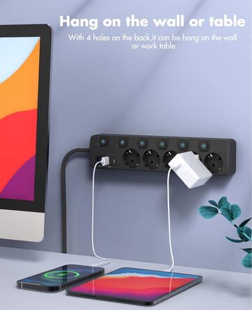 Багаторозетка на 5 розеток з індивідуальними вимикачами, KEPLUG, з USB, захист від перенапруги, для стіни, 2 м, чорна