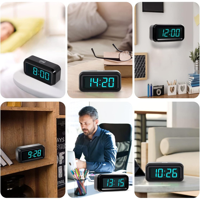 Цифровий будильник Timegyro з LED-дисплеєм, портативний для подорожей, настільний, 3 рівні яскравості, великий LED-дисплей 1.2' для спальні, вітальні, чорно-білий (чорно-синій)