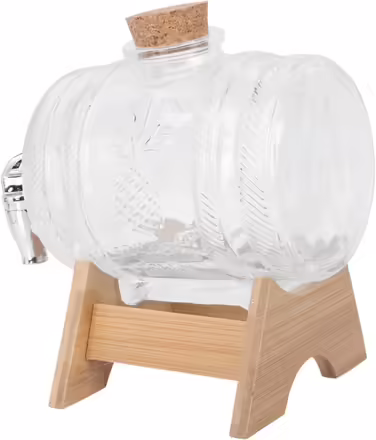 1-liter glass bottle, wine barrel, carafe, sealed beverage barrel, drink container for parties, alcohol drink container, drinking barrel, glass drink dispenser, wooden barrel.