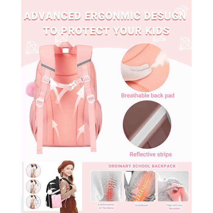 Дитячий рюкзак для школи DivingBirds, 2-7 клас, 22L, рожевий | Зручне дихаюче спинне відділення та м'які лямки | Рюкзак для дівчинки