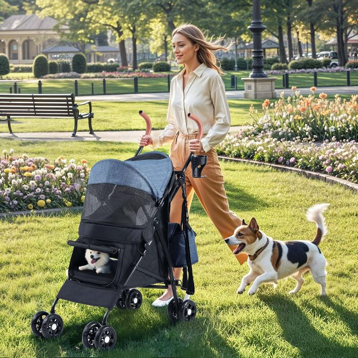 Візок для собак та котів DWVO, до 11,3 кг, складний, з подушкою та кошиком для зберігання, блакитно-чорний (45x80x103 см)